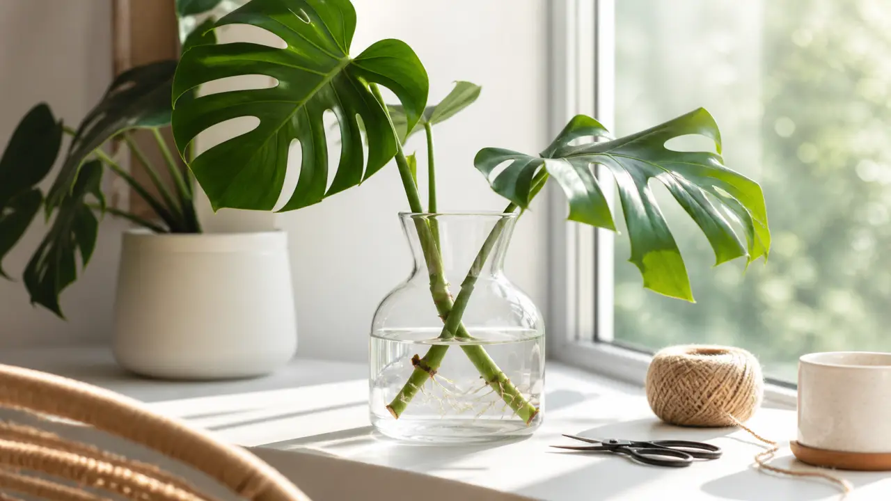 Bouture de Monstera placée dans l'eau dans une station de bouturage lumineuse