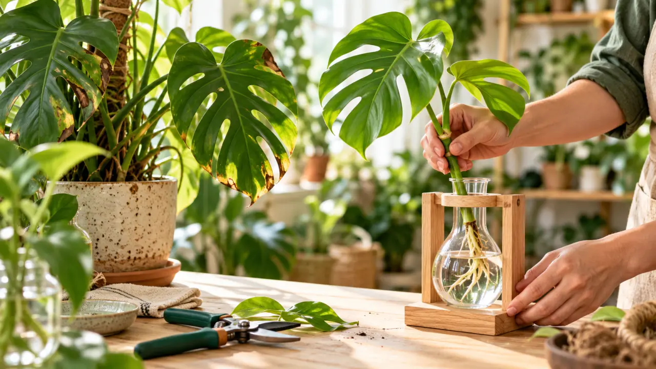 Bouture de monstera dans un vase en verre, avec une tige portant un nœud et de jeunes racines