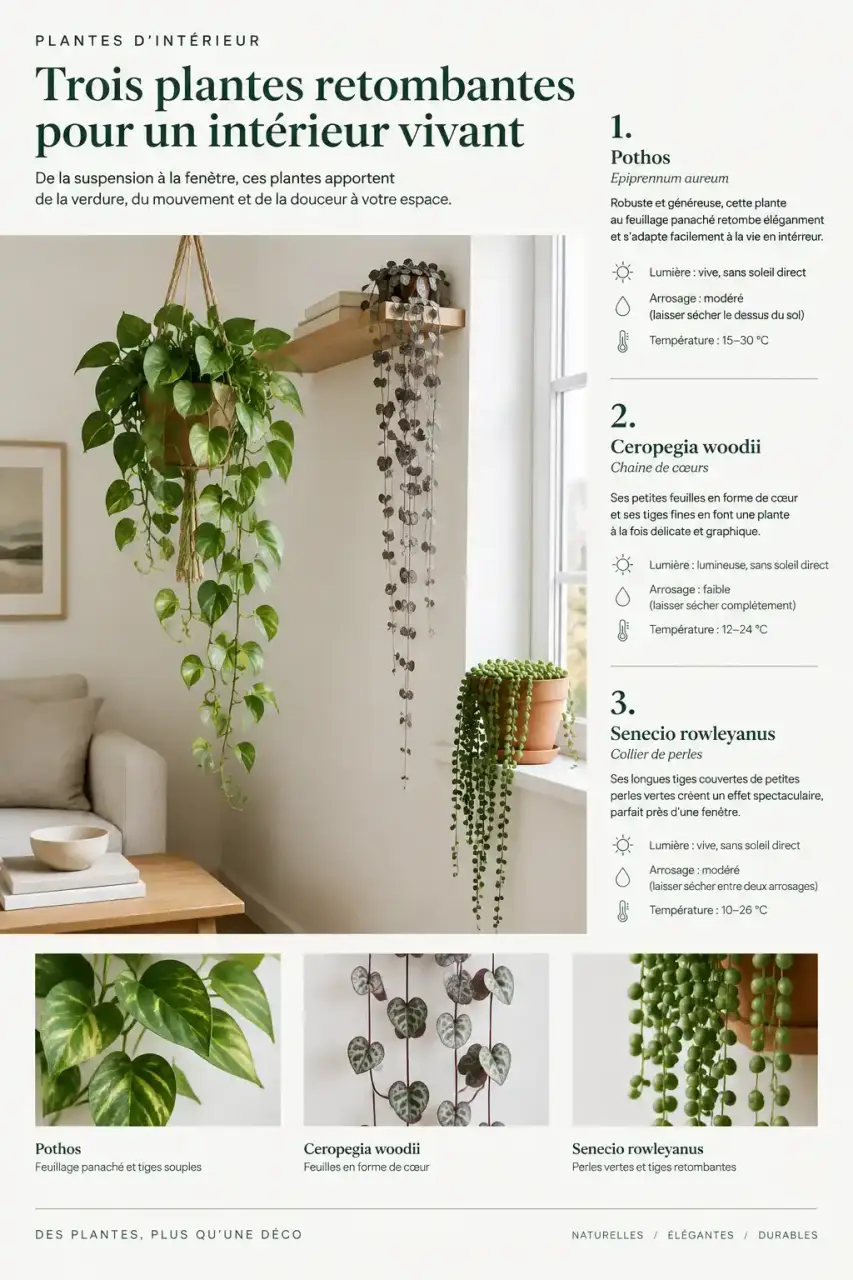 Plante verte retombante : pothos, string of hearts et collier de perles suspendus dans un salon lumineux