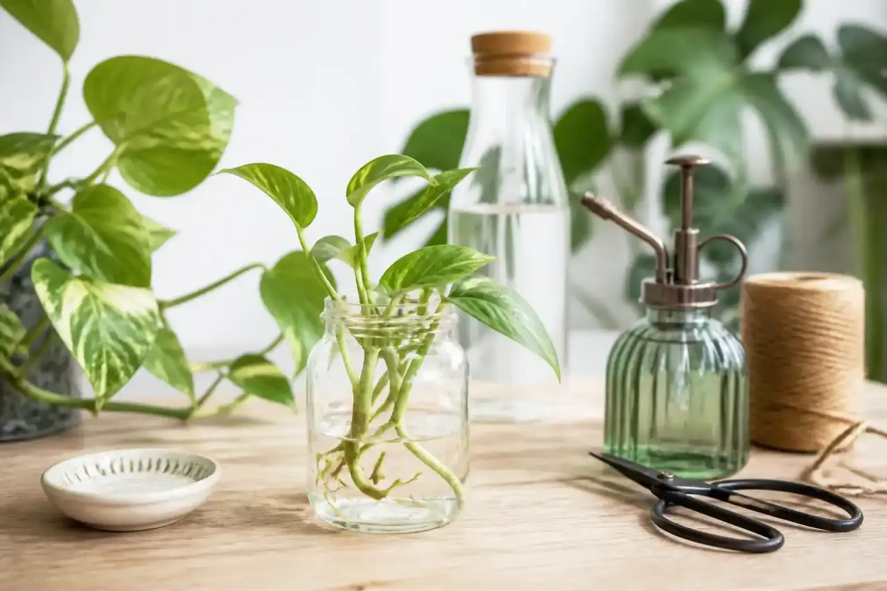 Bouture de pothos en eau dans une station lumineuse en bois