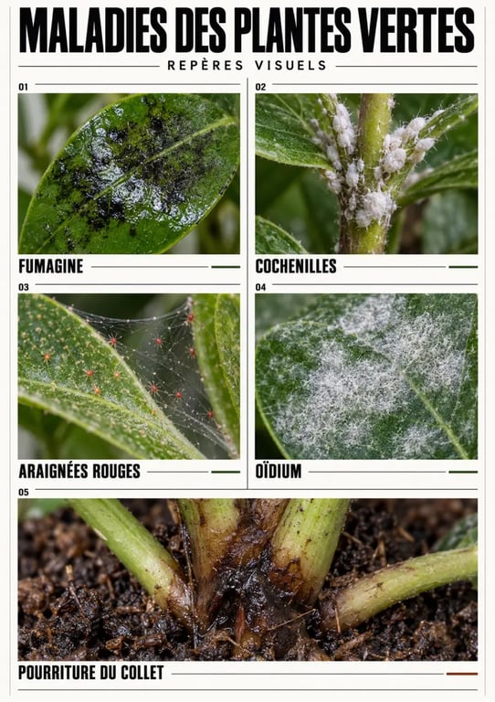 Maladie des plantes vertes : comparaison visuelle de la fumagine, des cochenilles, des araignées rouges, de l’oïdium et de la pourriture du collet
