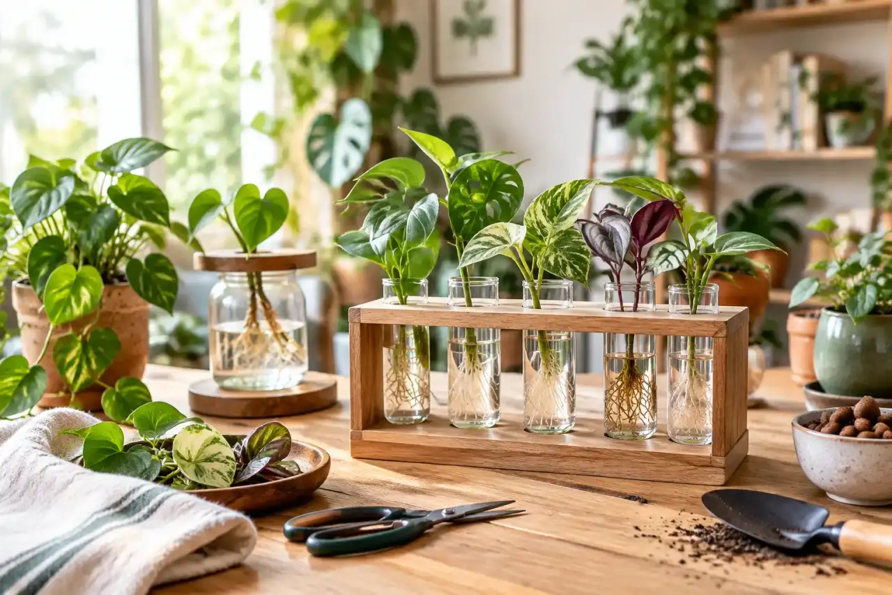 Mini-station de bouturage en bois avec des tubes en verre et de jeunes racines