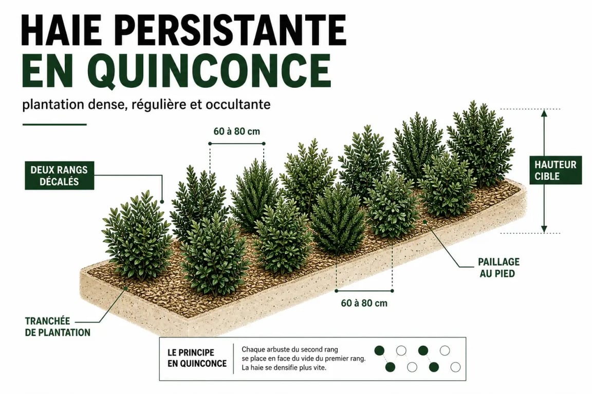Haie persistante plantée en quinconce avec distances de 60 à 80 cm