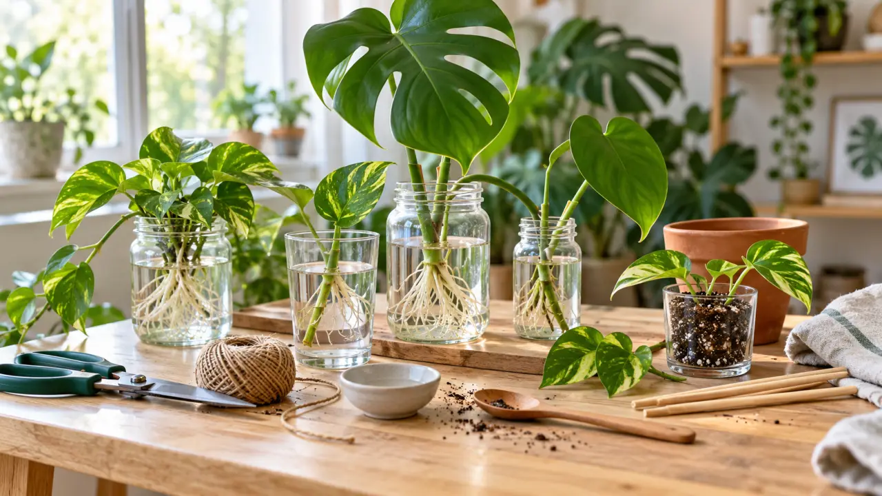Boutures de plantes d'intérieur installées dans des contenants récupérés
