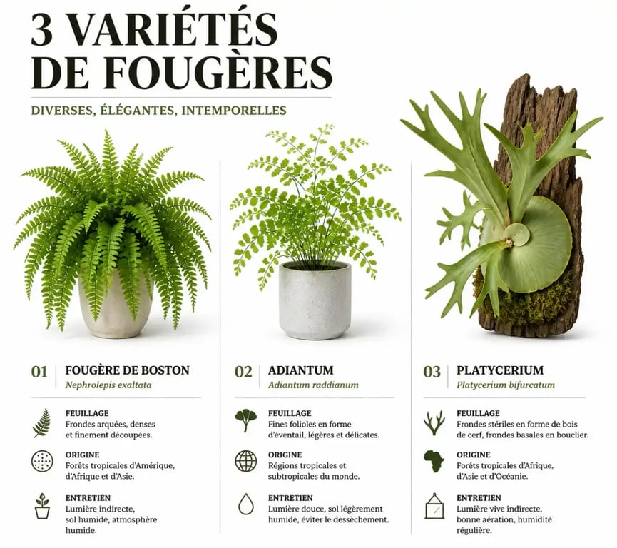 Variétés de fougères d'intérieur : Boston, Adiantum et Platycerium pour une décoration végétale