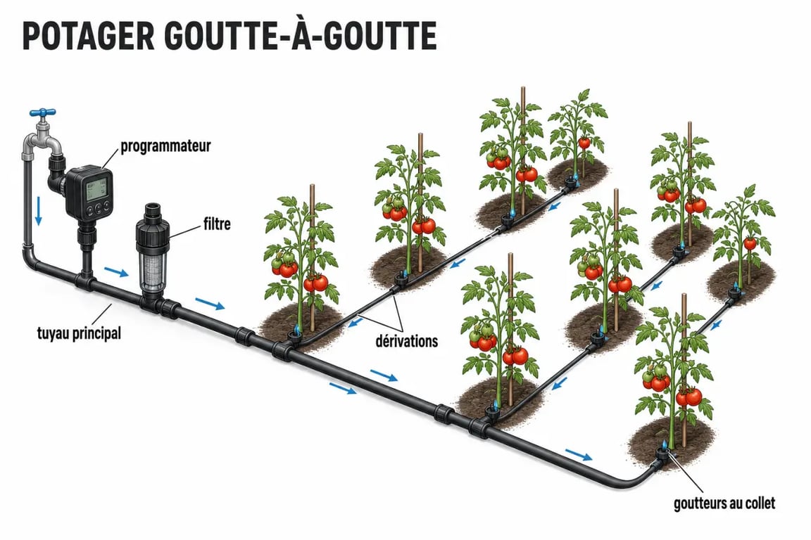 Arrosage automatique tomates : schéma éditorial d’un système goutte-à-goutte au potager