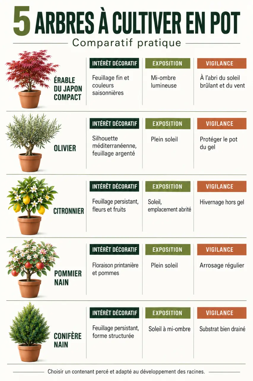 Infographie comparative des meilleurs arbres en pot selon l’exposition et l’entretien