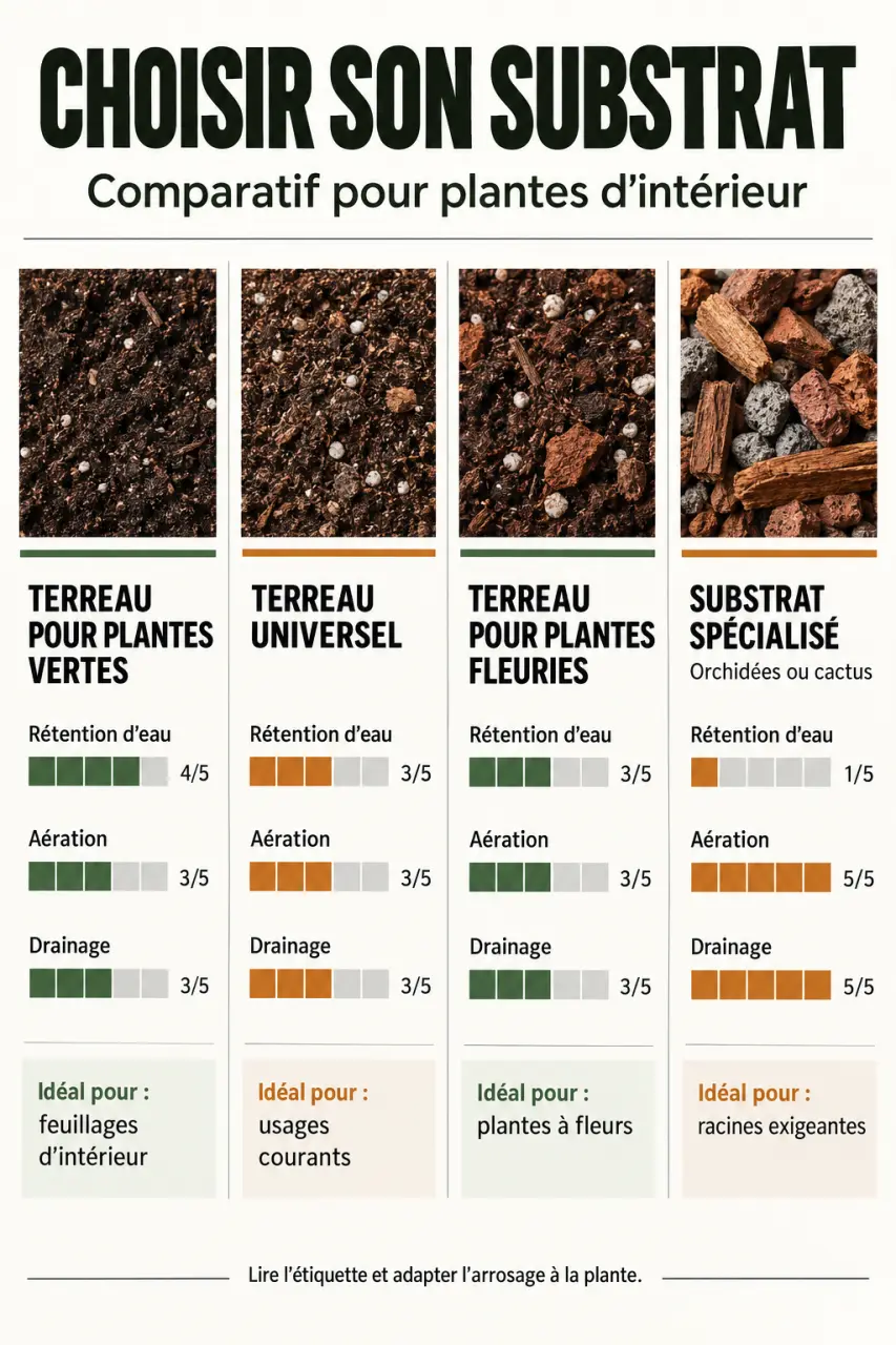 Infographie sur le terreau plante verte et les différents substrats selon les besoins des plantes d’intérieur