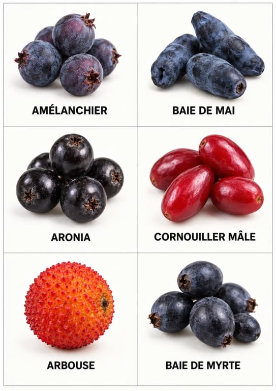 Planche comparative de baies comestibles : amélanchier, baie de mai, aronia, cornouiller mâle, arbouse et myrte