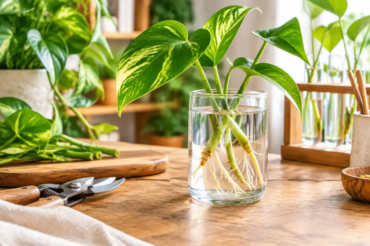 Bouture de pothos développant des racines dans un tube en verre