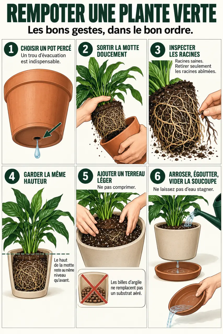 Étapes de rempotage avec du terreau plante verte dans un pot percé