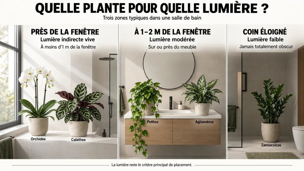 Infographie des plantes vertes pour salle de bain selon la lumière et la zone d’emplacement