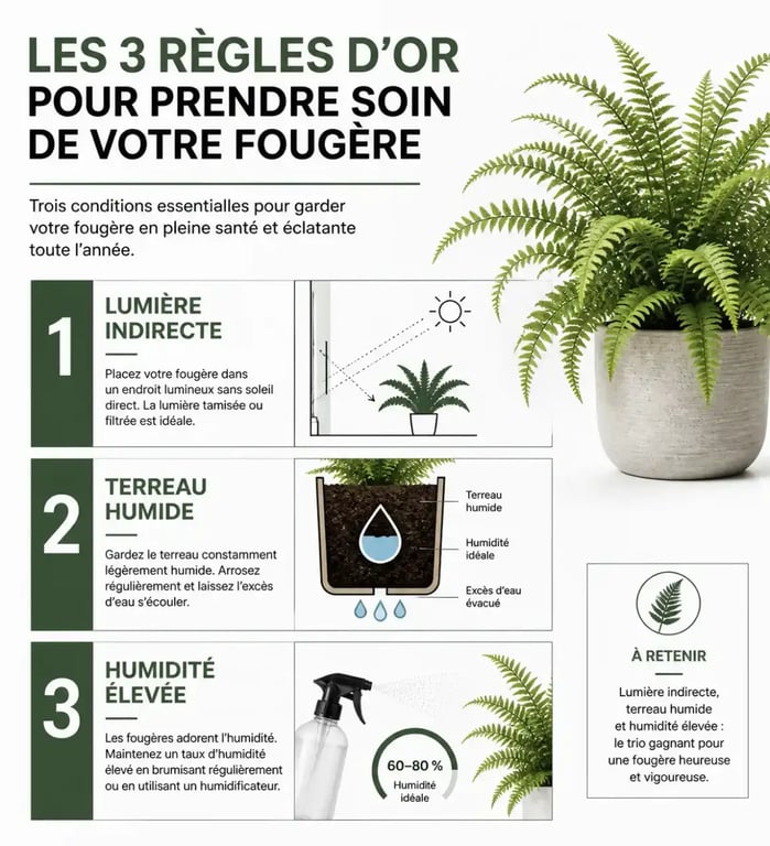 Infographie des règles d'entretien pour fougères d'intérieur