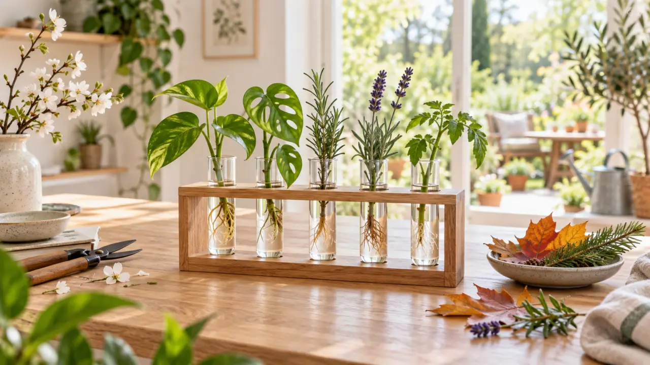 Station de bouturage en bois avec des boutures dans des tubes en verre