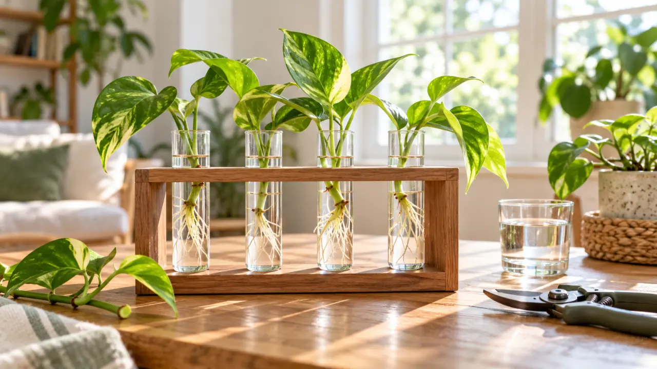 Boutures de pothos dans des fioles en verre, avec de jeunes racines blanches
