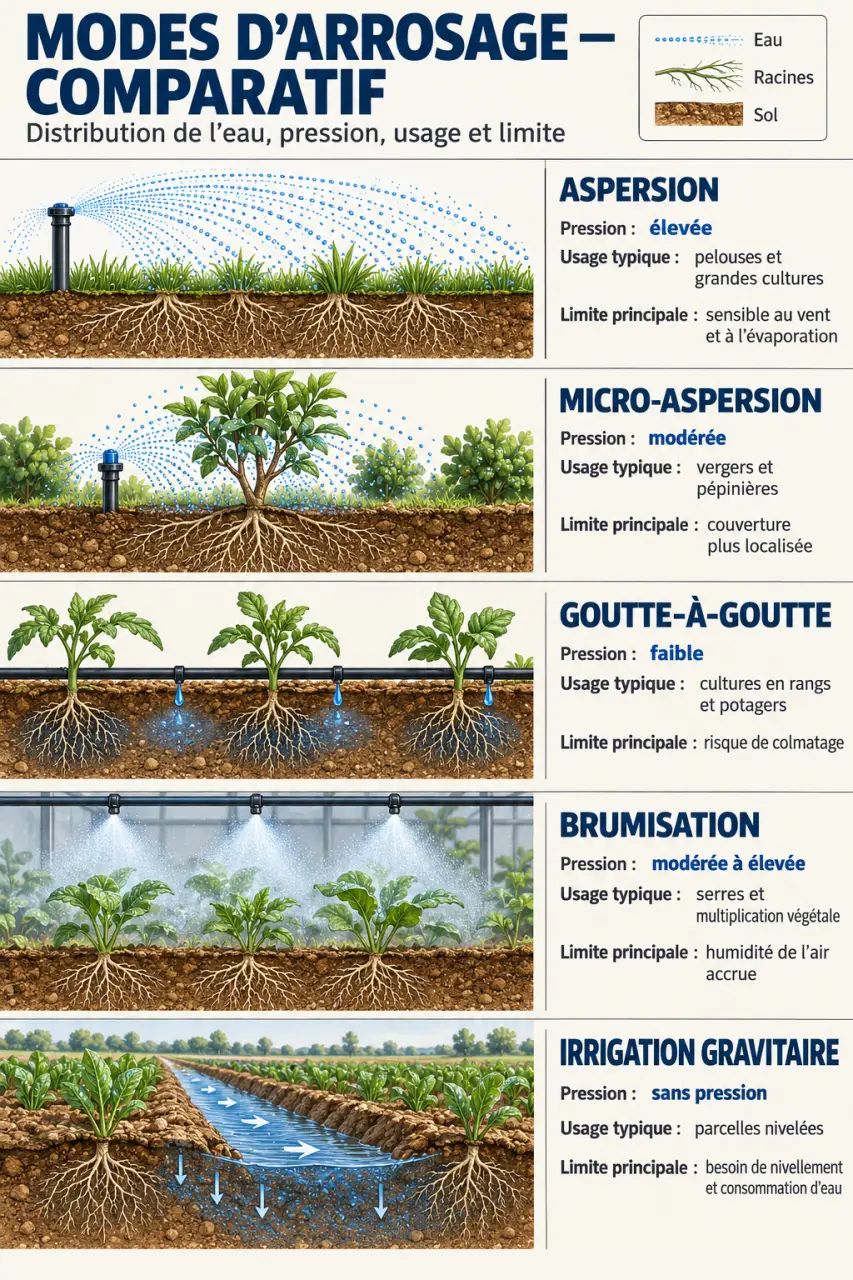 Comparaison de l’arrosage par aspersion, de la micro-aspersion, du goutte-à-goutte et de la brumisation
